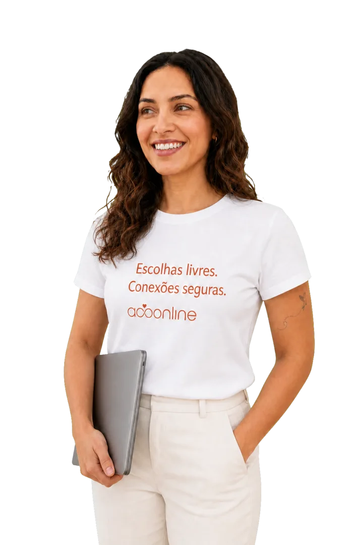 Amanda, do Acompanhantes Online, com um notebook