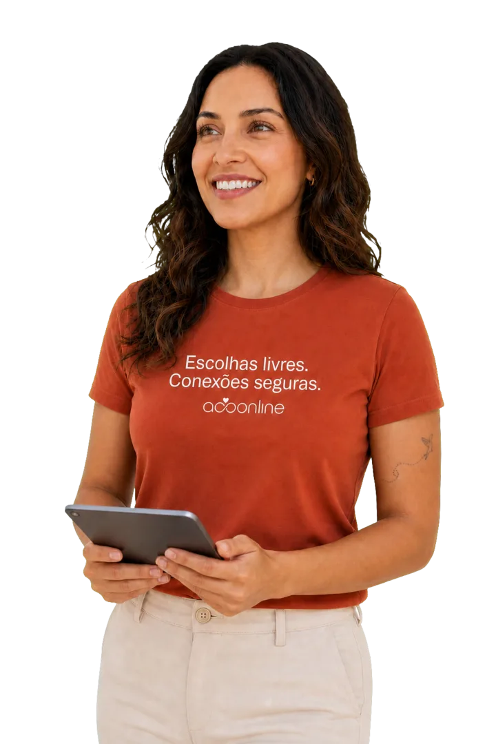Amanda, do Acompanhantes Online, com um tablet nas mãos